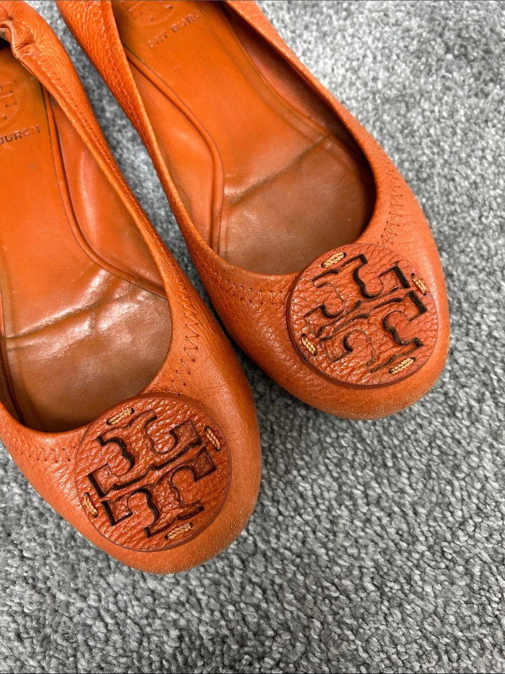 Tory Burch Bright Orange Leather Logo Ballet Flats